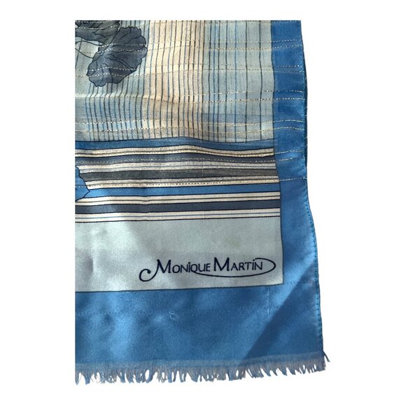 Vintage Monique Martin Blue Floral Striped Scarf – 52 x 11 – Sheer Lightweight W - Picture 3 of 3